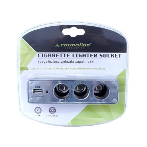 Szivargyújtó elosztó, hármas 12 / 24V, USB aljzat 500 mA, Carmotion